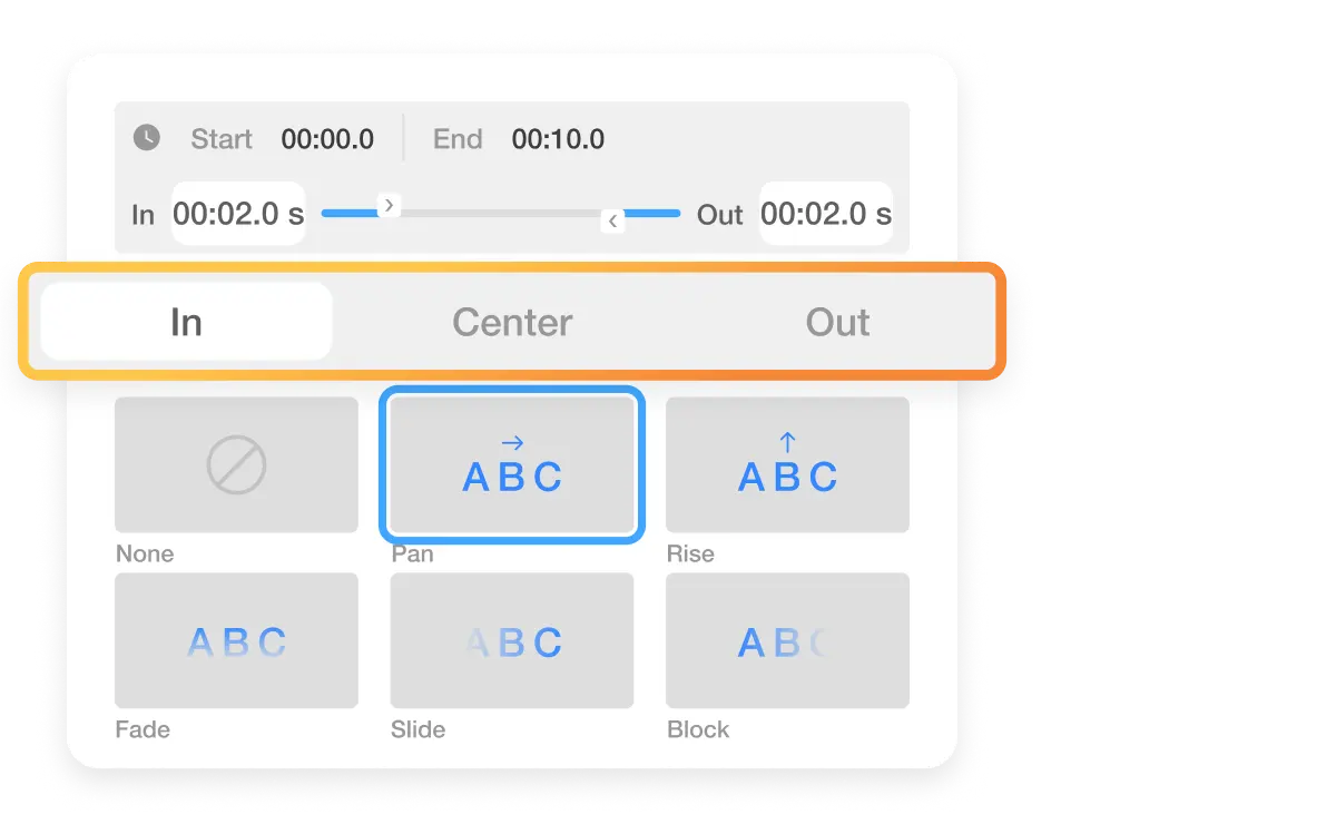 Video text animation provides multiple styles including fade-in, center movement, and fade-out effects to enhance visual impact.